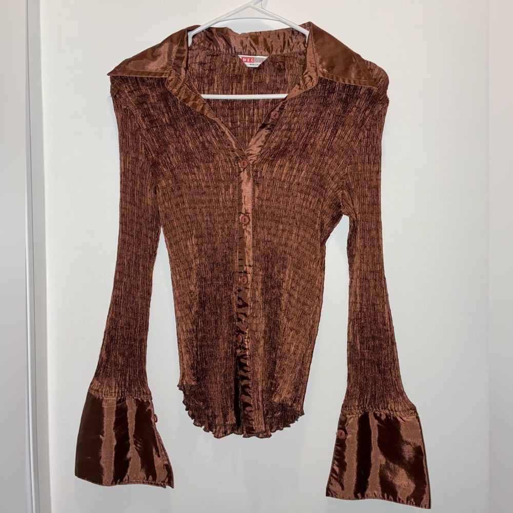 Vintage Y2K Meggie Highclass Brown Ruffled Button-Up Blouse